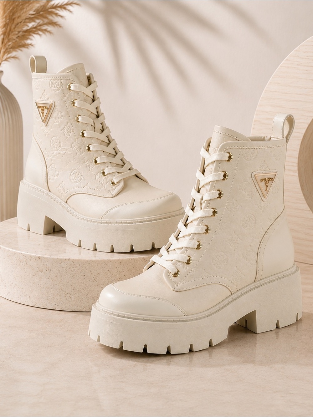 GUESS Women's Shun Triple Triangle Lace-Up Lug Sole Combat Boots